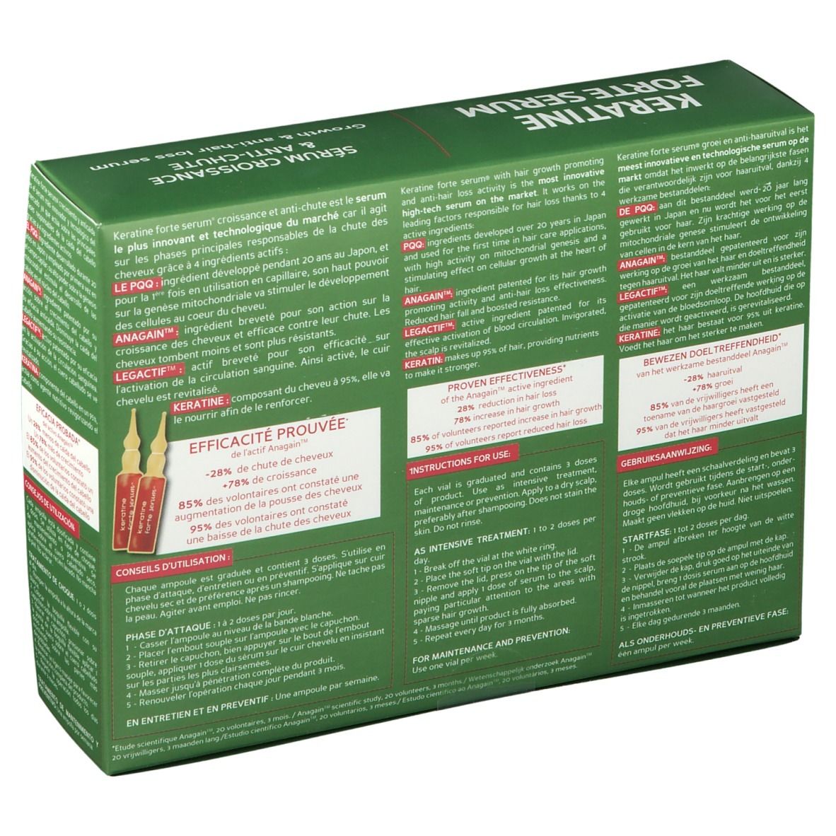 Grüne Schachtel mit Biocyte Keratine Forte Serum. Rückseite mit Text und Ampullen.