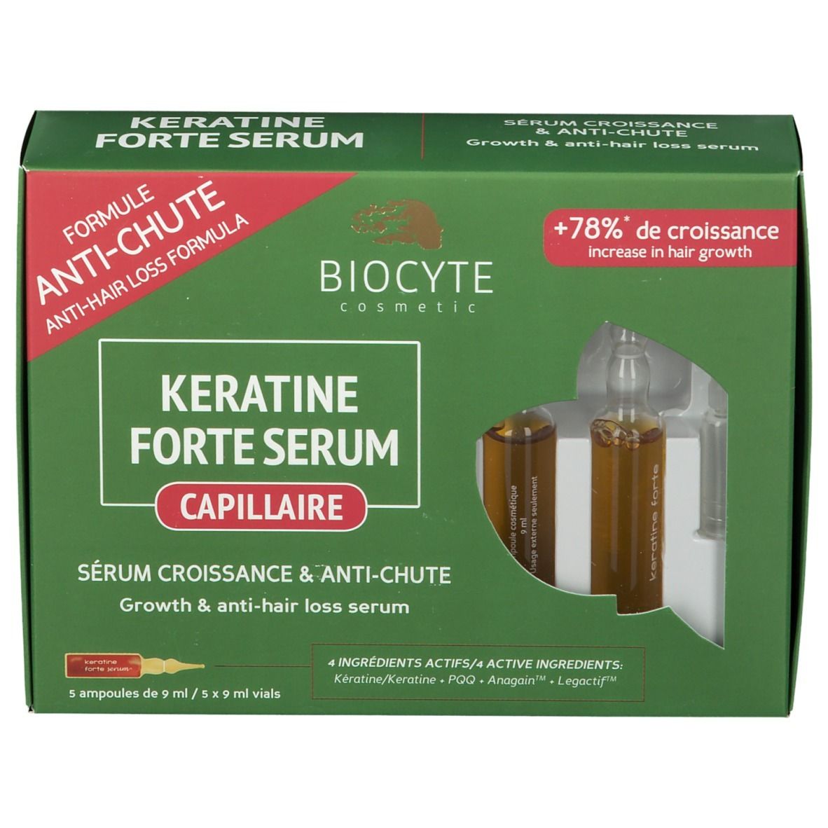 Grüne Schachtel mit Biocyte Keratine Forte Serum. Sichtbar sind Ampullen und Produktnamen.