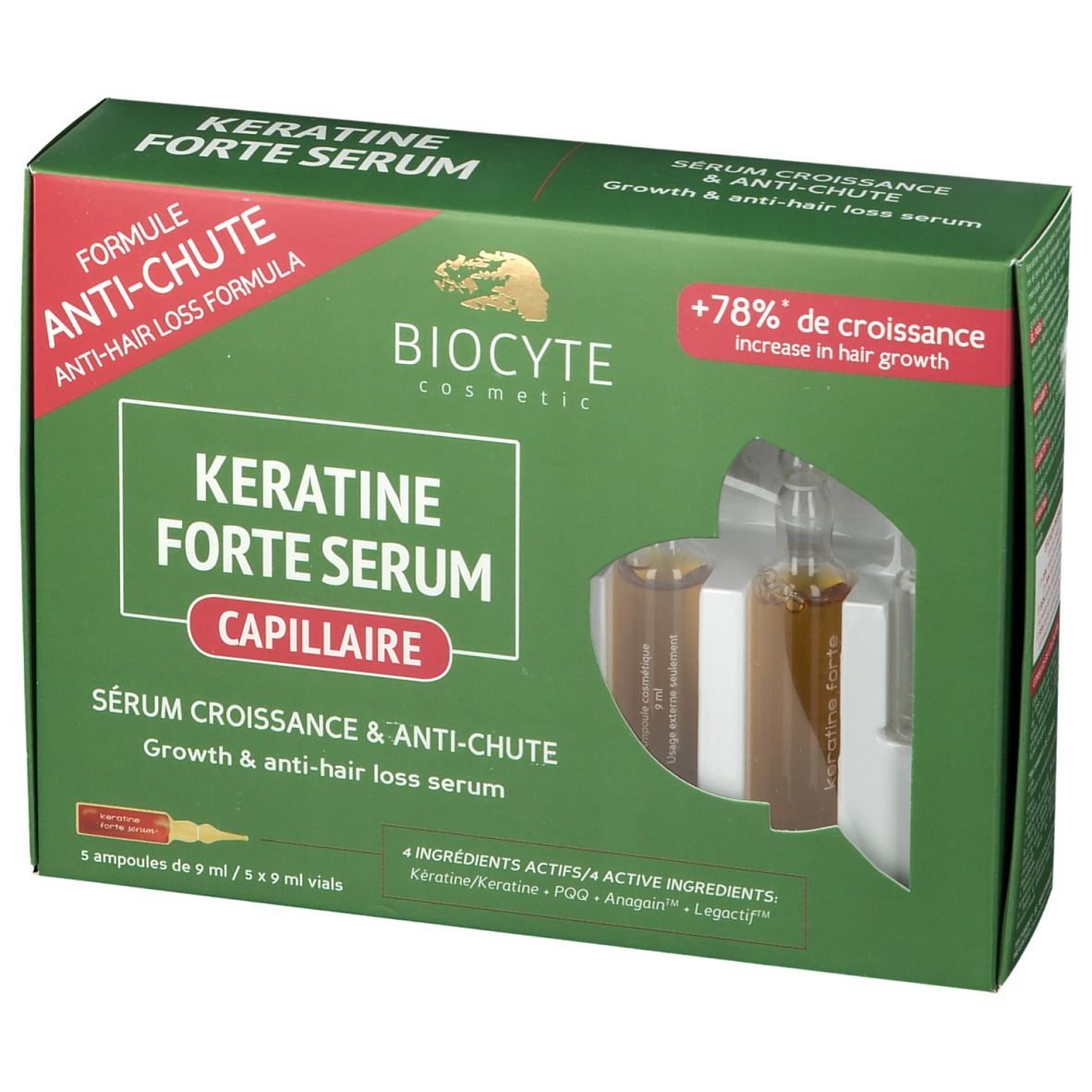 Grüne Schachtel mit Biocyte Keratine Forte Serum. Sichtbar sind Ampullen und Produktnamen.