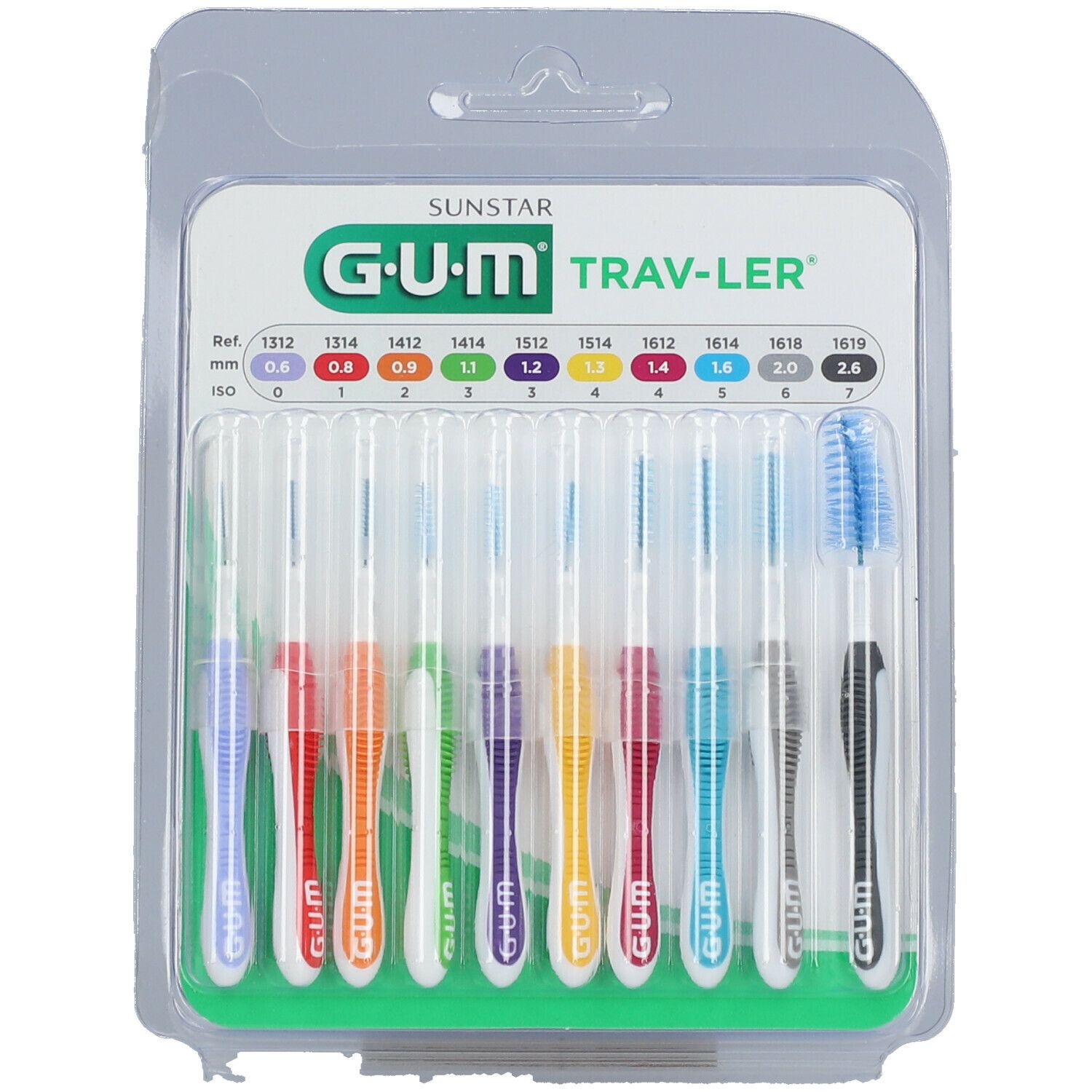 Zahnbürstensortiment GUM® Trav-Ler® in Blisterverpackung. Mehrfarbige Bürsten mit unterschiedlichen Größen.