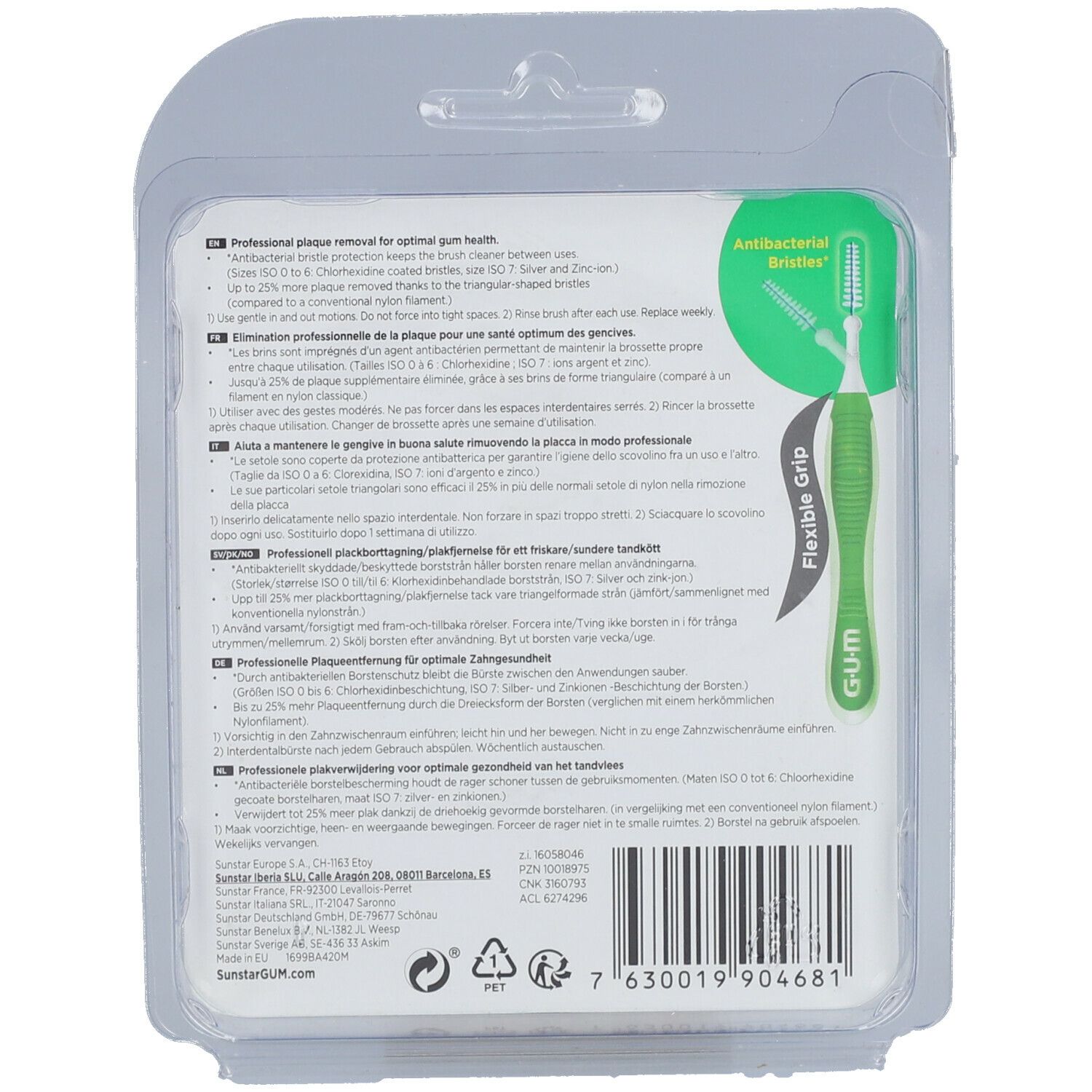 Rückseite der GUM® Trav-Ler® Bürstensortiment-Verpackung. Text und Illustrationen. Flexible Griff-Funktion.
