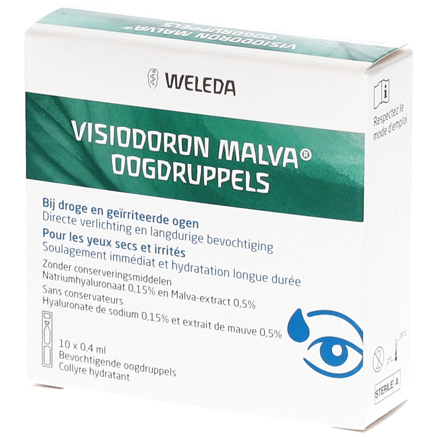 Boîte de gouttes ophtalmiques Weleda Visiodoron Malva. Boîte blanche avec accents verts. Texte: Visiodoron Malva, 10x0,4 ml.