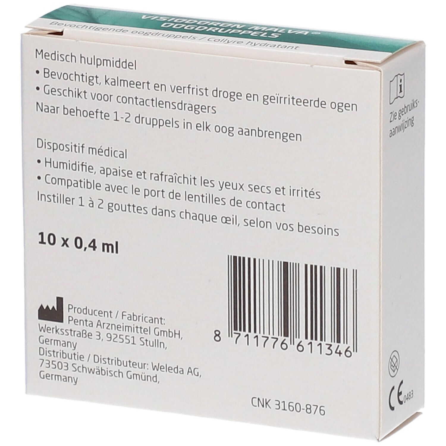 Dos de la boîte de gouttes ophtalmiques Weleda Visiodoron Malva. Boîte blanche avec texte et code-barres. Texte: 10 x 0,4 ml, informations fabricant.