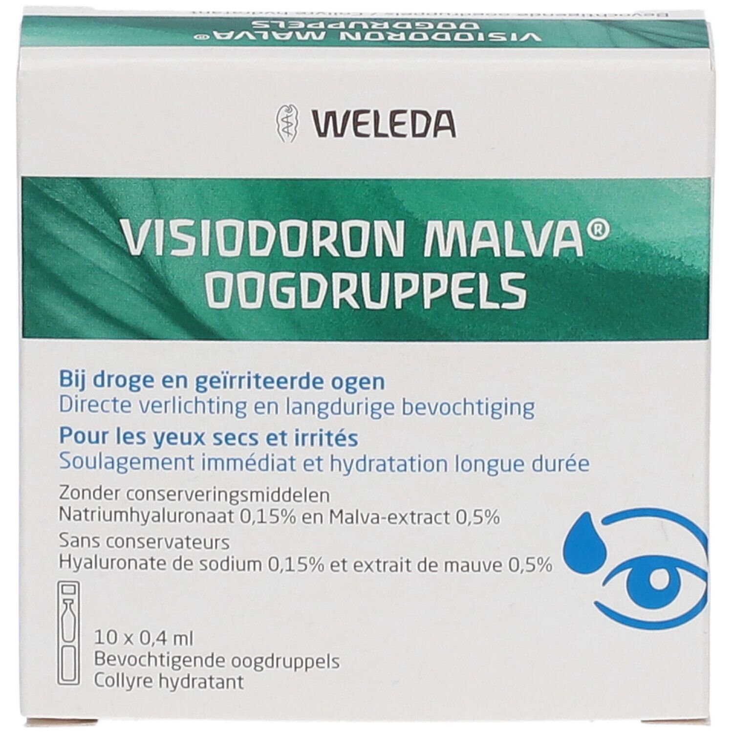 Boîte de gouttes ophtalmiques Weleda Visiodoron Malva. Boîte blanche avec accents verts. Texte: Visiodoron Malva, 10x0,4 ml, symbole de l'œil.