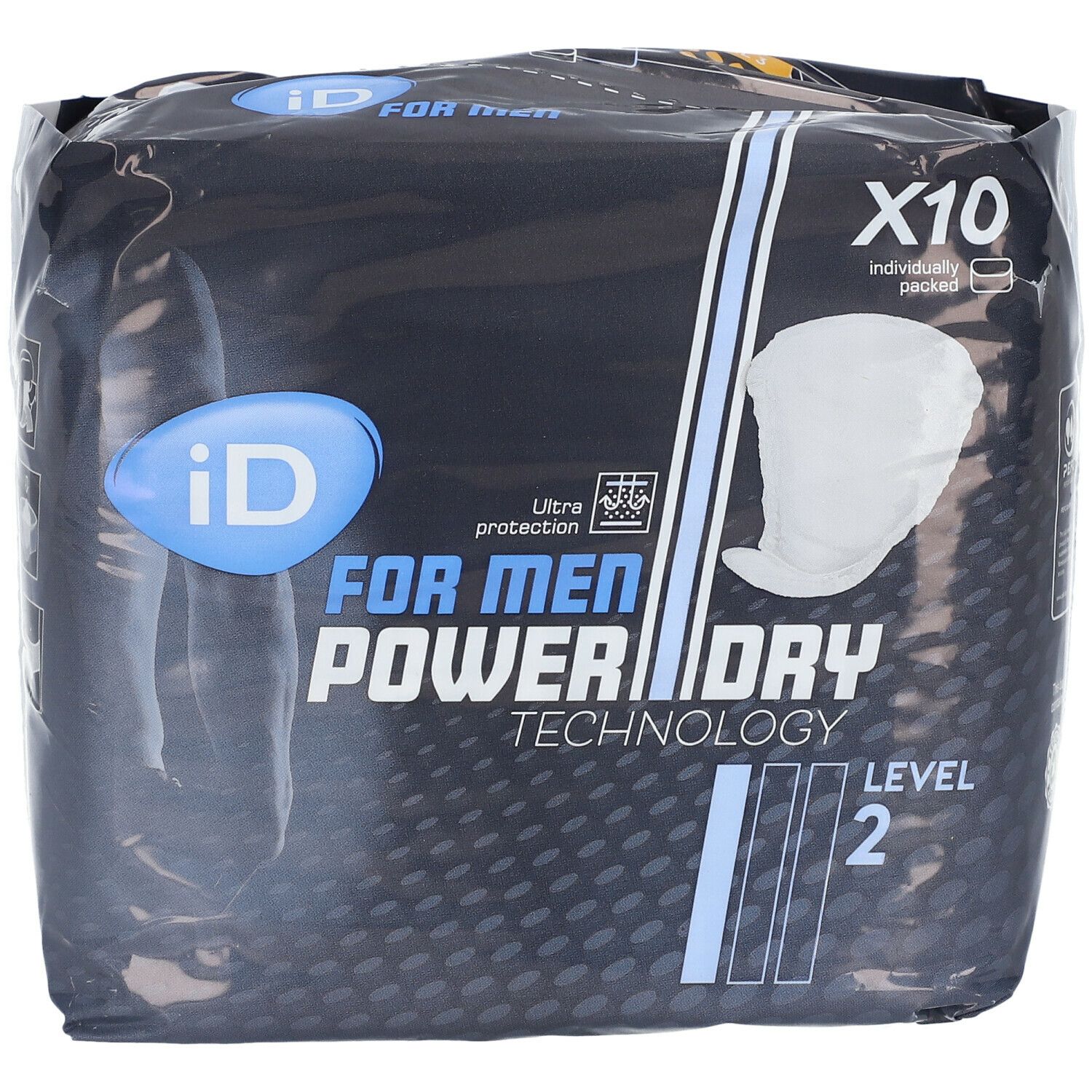iD for Men Level 2. Emballage noir avec texte bleu et blanc. Dix protections emballées individuellement.
