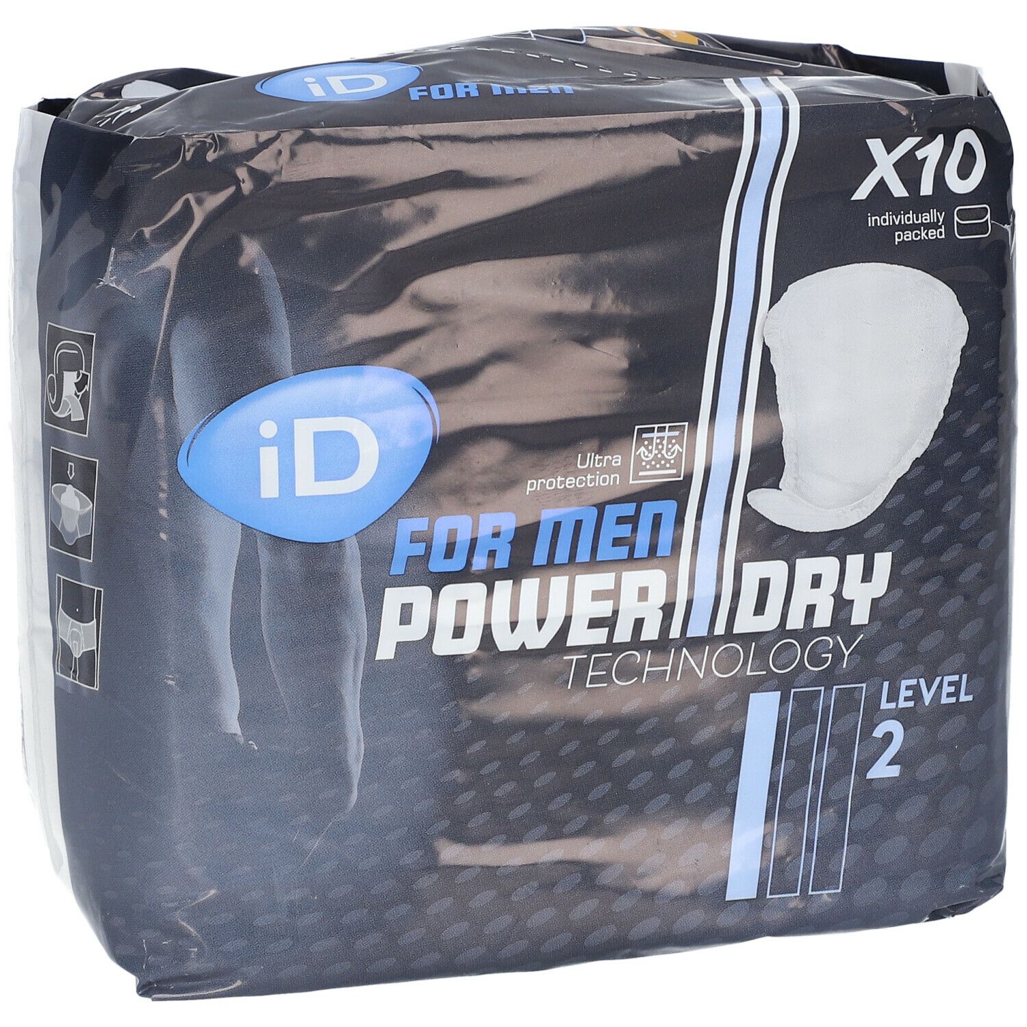 iD for Men Level 2. Emballage noir avec texte bleu et blanc. Dix protections emballées individuellement.