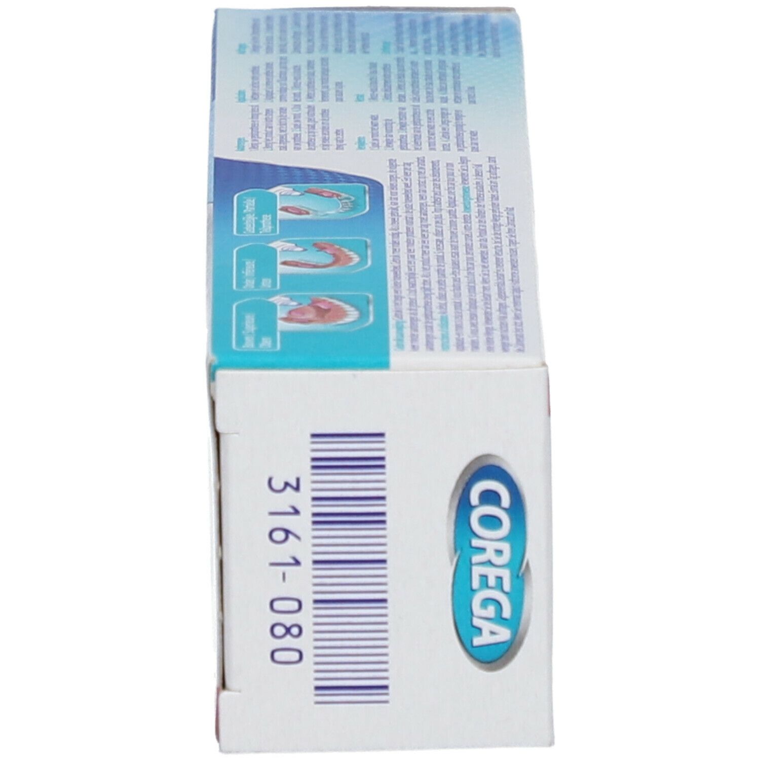 Côté de la boîte COREGA®. Boîte blanche avec texte et logo. 3161-080.