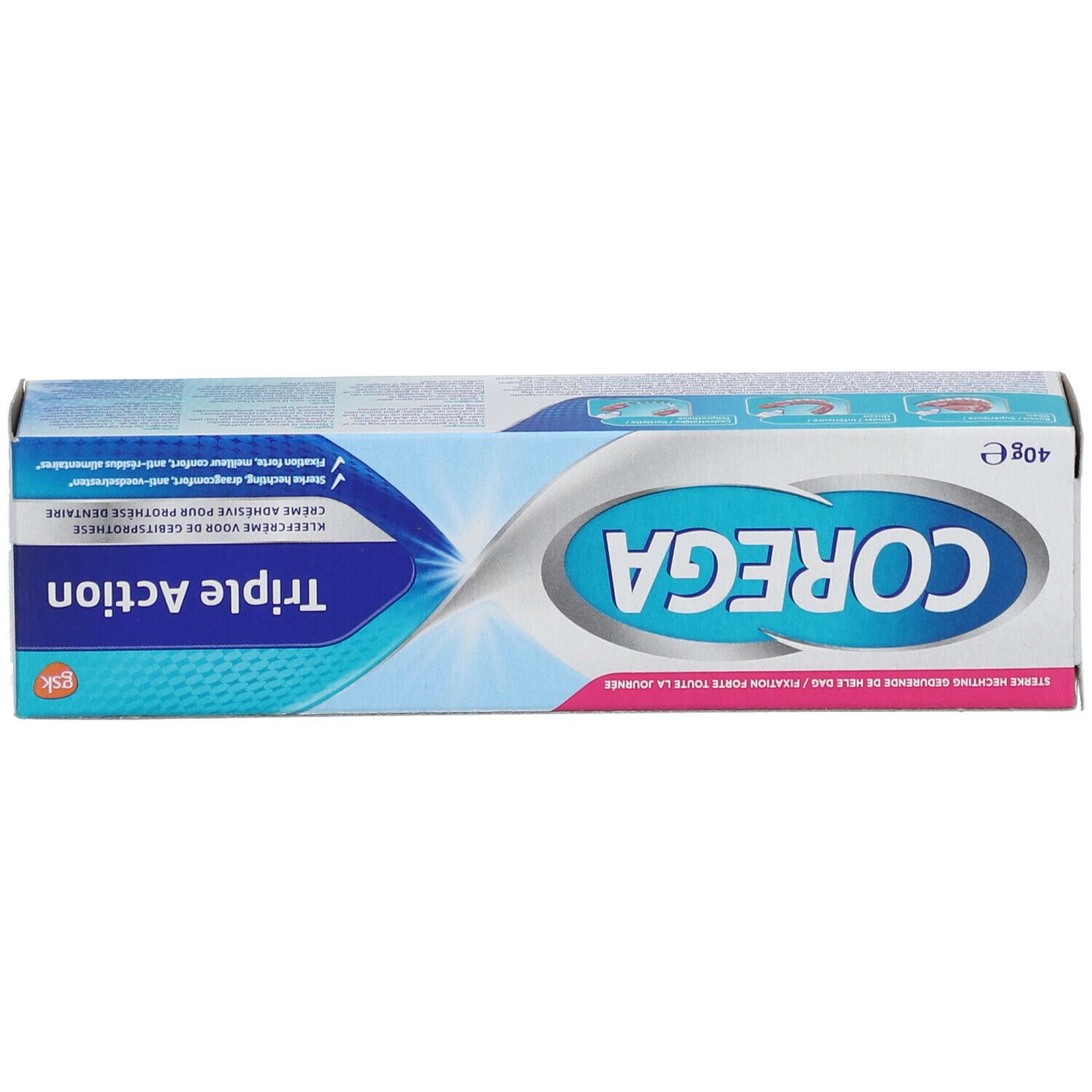 Boîte COREGA® Triple Action. Boîte blanche avec logo et texte bleus. 40g.