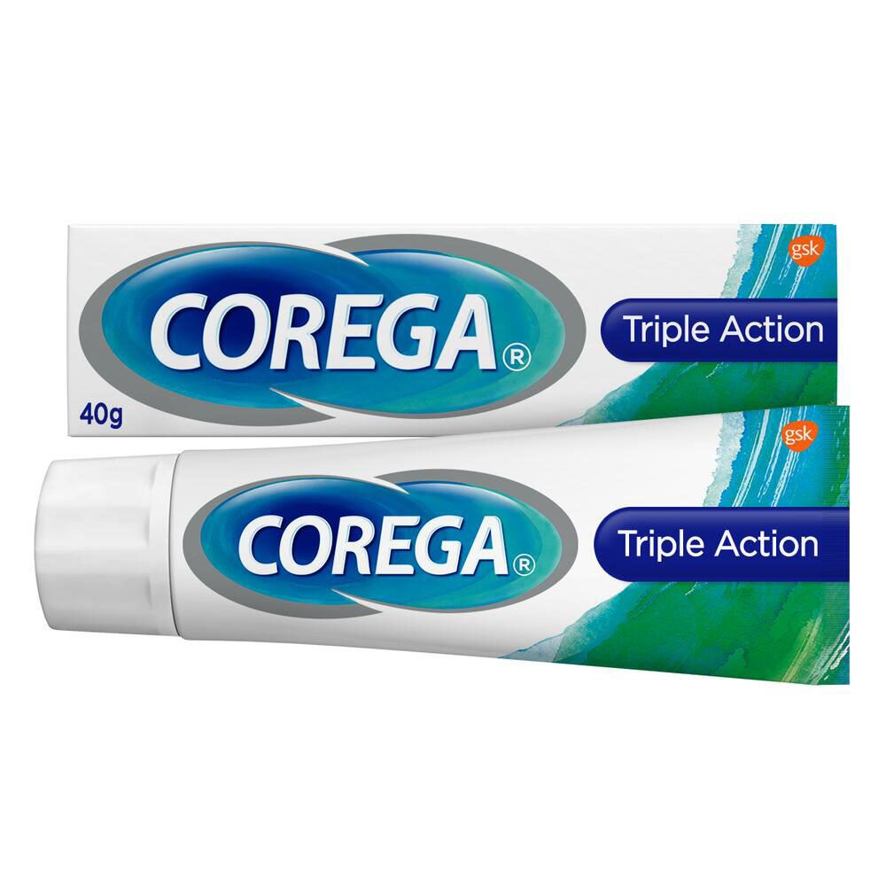 Deux tubes COREGA® Triple Action. Tubes blancs avec logo et texte bleus. 40g.
