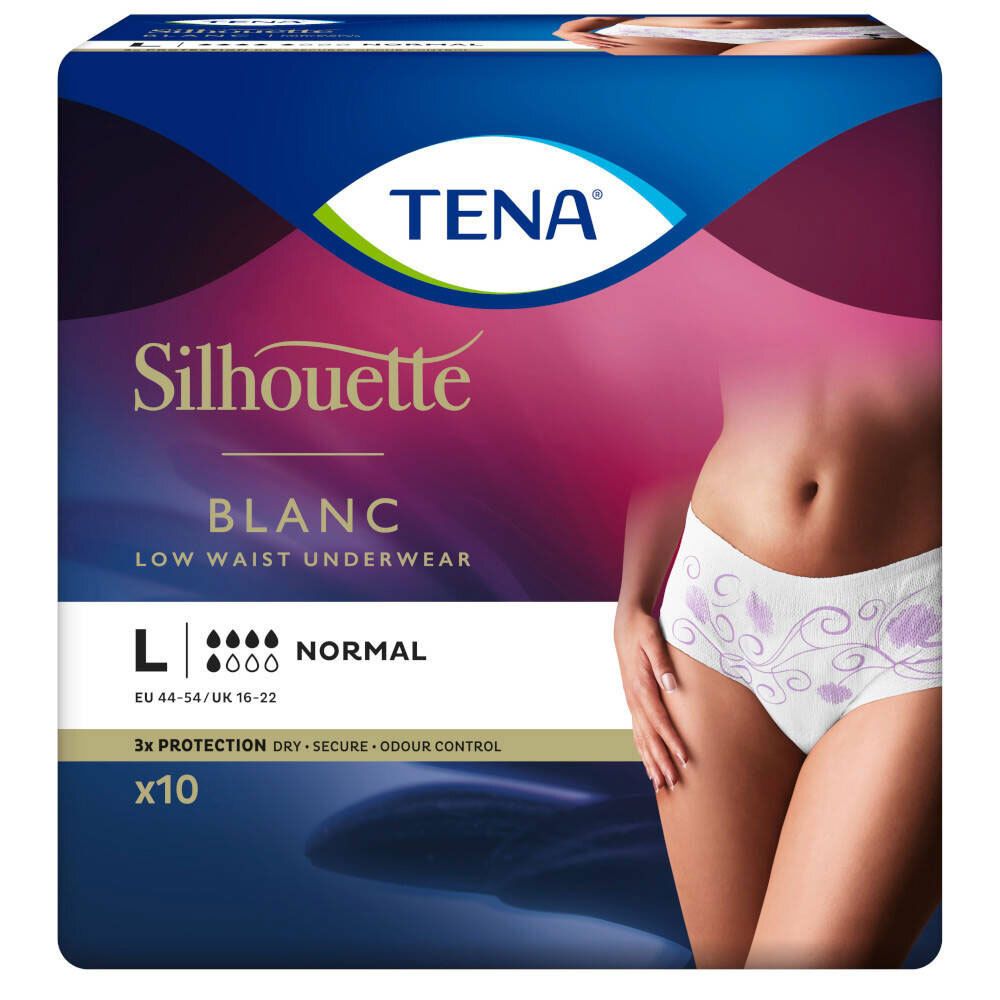 TENA Silhouette Blanc, taille L, x10. Culotte d'incontinence blanche. Protection normale. EU 44-54/UK 16-22.