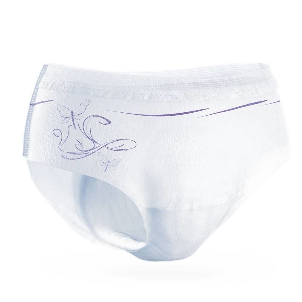 Witte incontinentiebroek met paarse versieringen. Motief: vlinders. Comfortabele pasvorm.