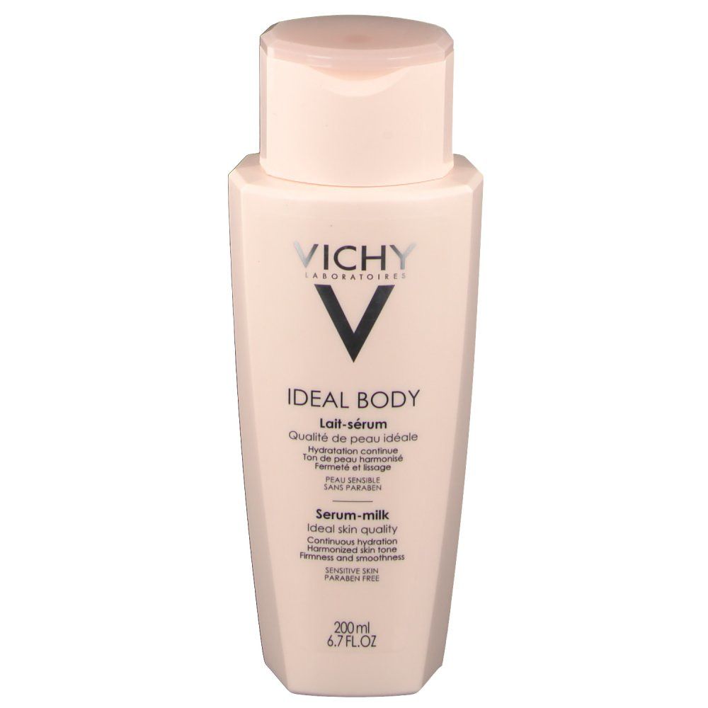 Flacon beige avec bouchon rabattable. Inscriptions: Vichy, Ideal Body, Lait-sérum, Serum-milk. 200ml.