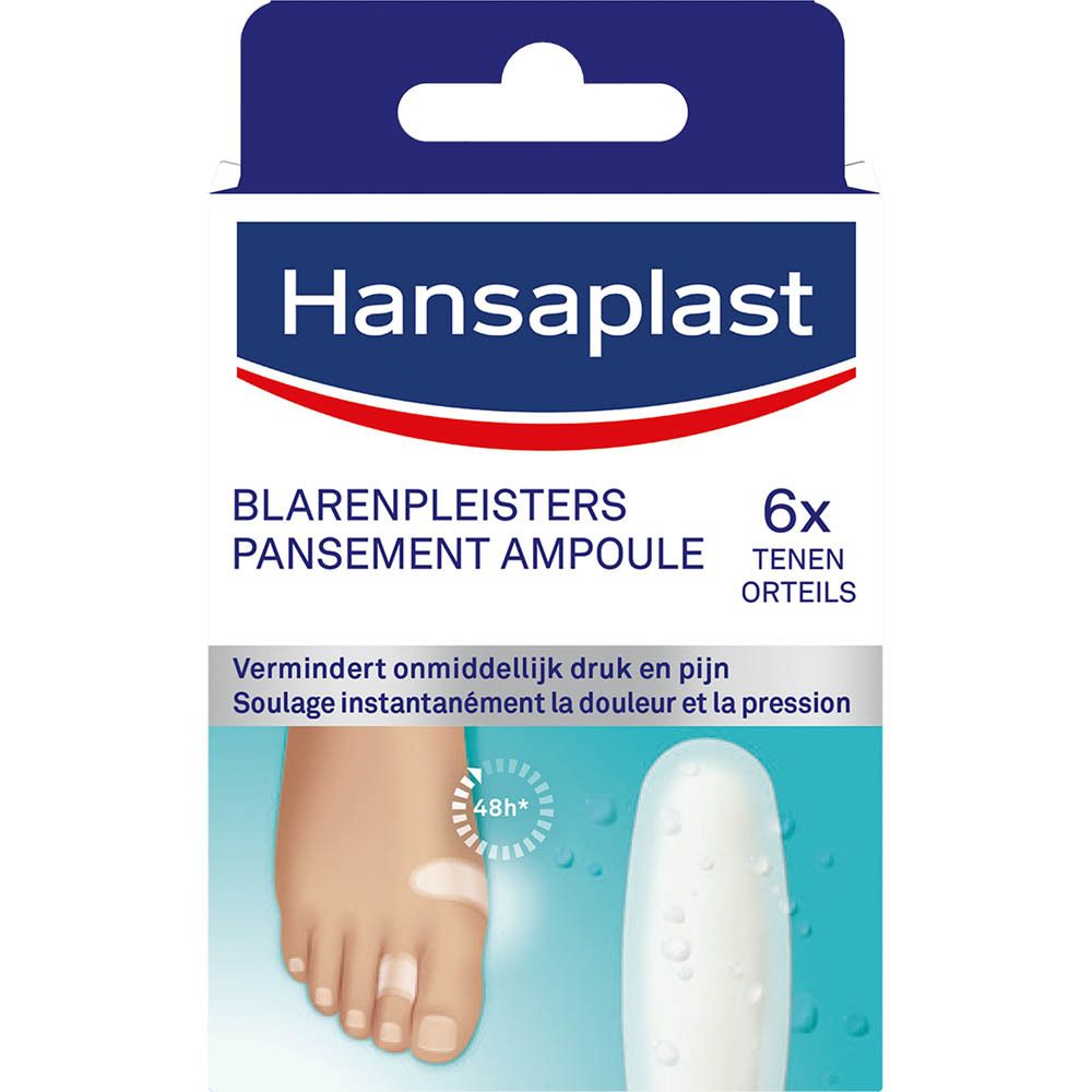 Verpakking Hansaplast blarenpleisters. Bevat 6 stuks. Foot expert logo en 48h.