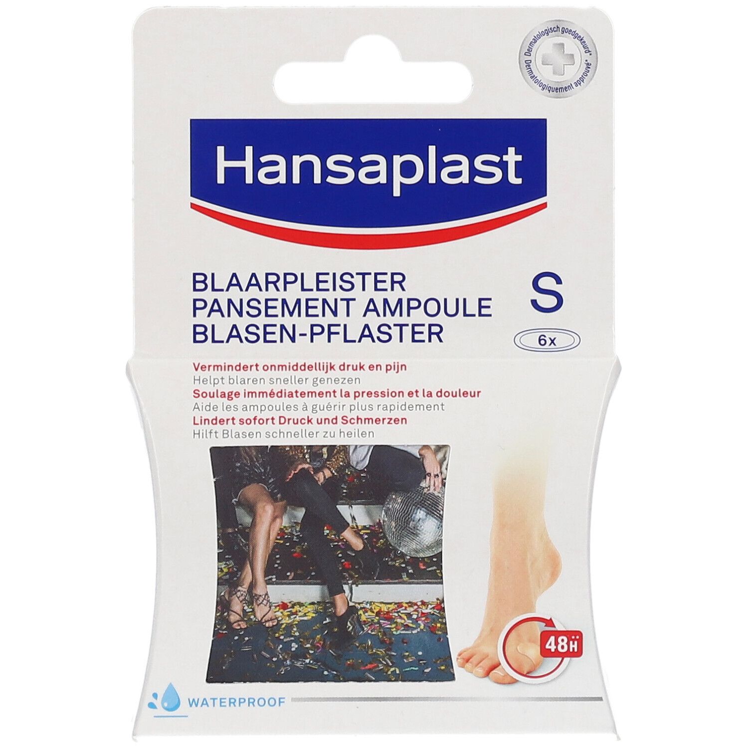 Verpakking Hansaplast blarenpleisters. Bevat 6 stuks. Foot expert logo en 48h.