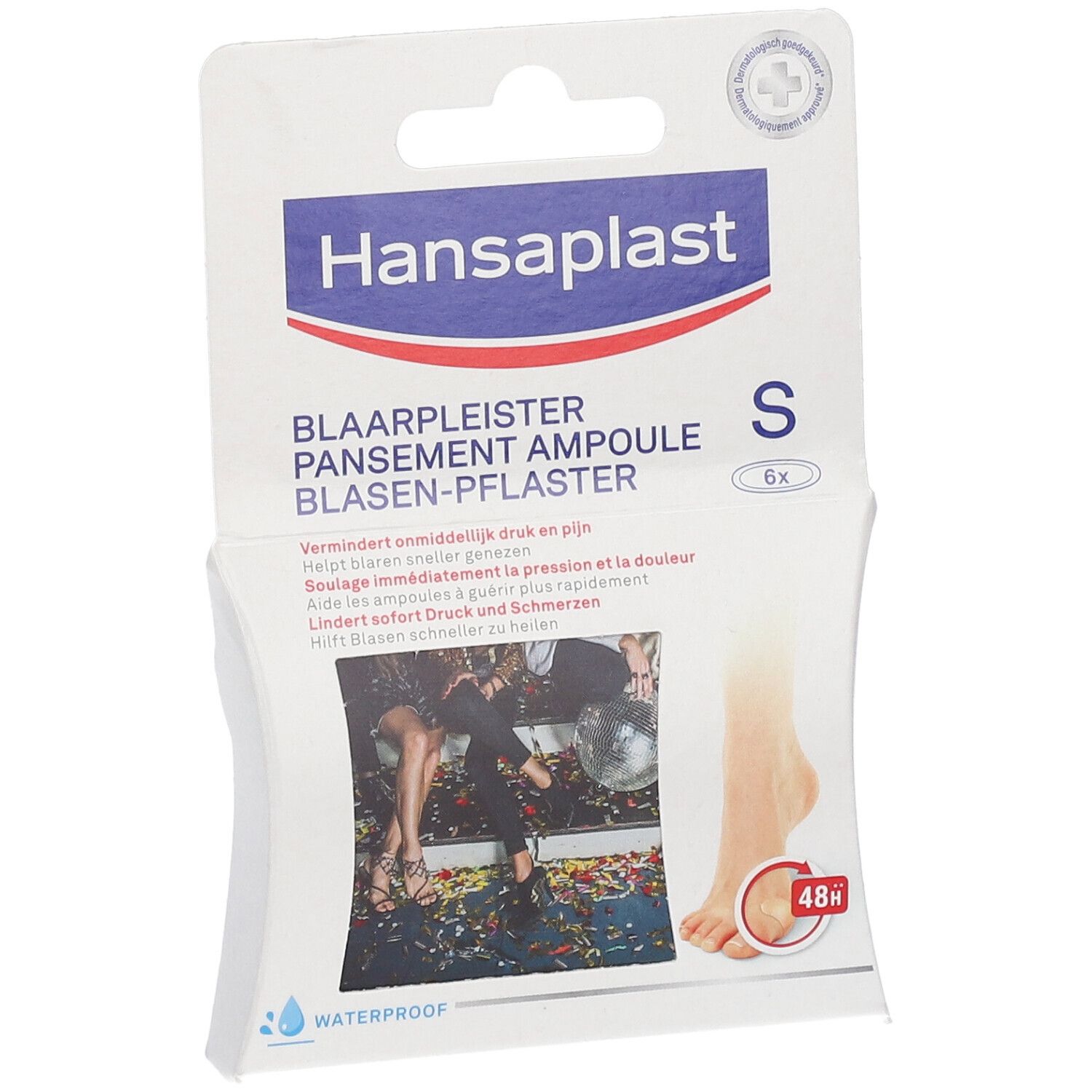 Verpakking Hansaplast blarenpleisters. Bevat 6 stuks. Foot expert logo en 48h.