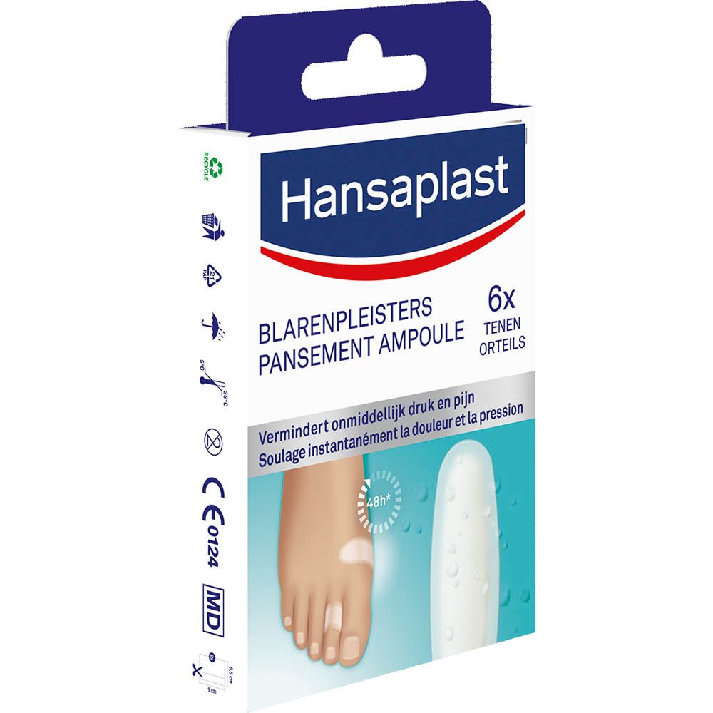 Verpakking Hansaplast blarenpleisters. Bevat 6 stuks. Foot expert logo en 48h.
