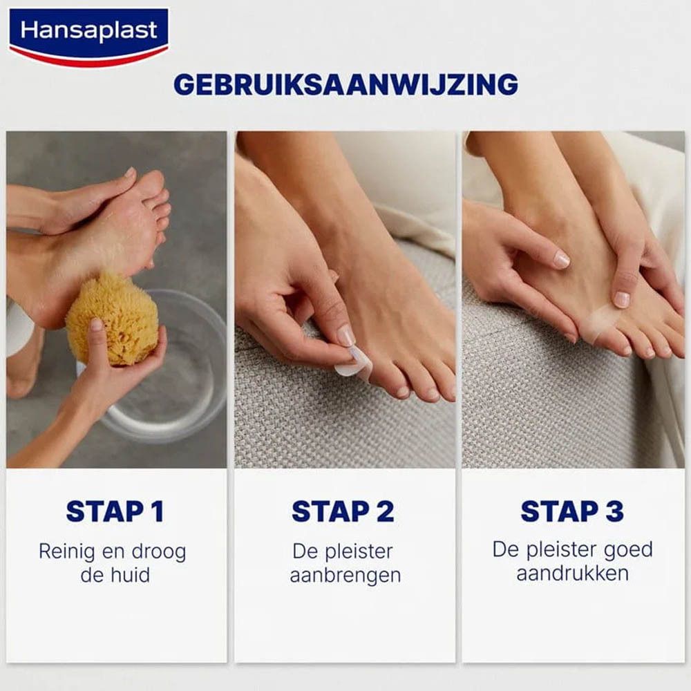 Toepassing van Hansaplast blarenpleisters. 3 stappen: Reinigen, aanbrengen, aandrukken.