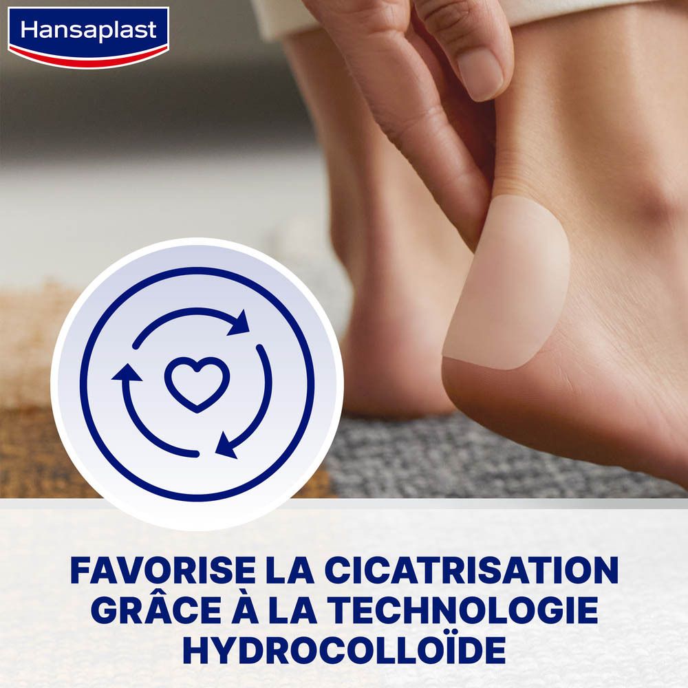 Pied avec pansement ampoule Hansaplast. Texte: Favorise la cicatrisation grâce à l'hydrocolloïde.
