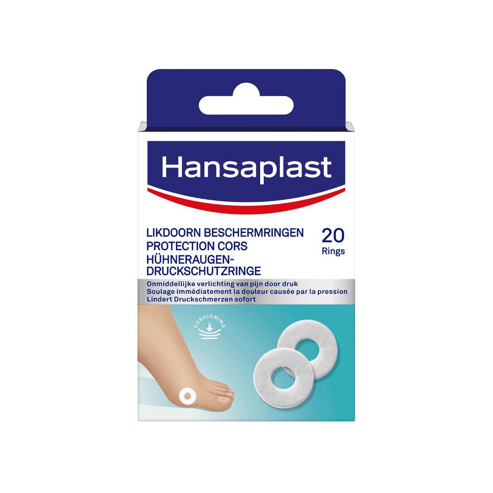 Verpakking Hansaplast eeltbeschermingsringen. 20 ringen. Witte ringen, blauwe doos. Voet afgebeeld.