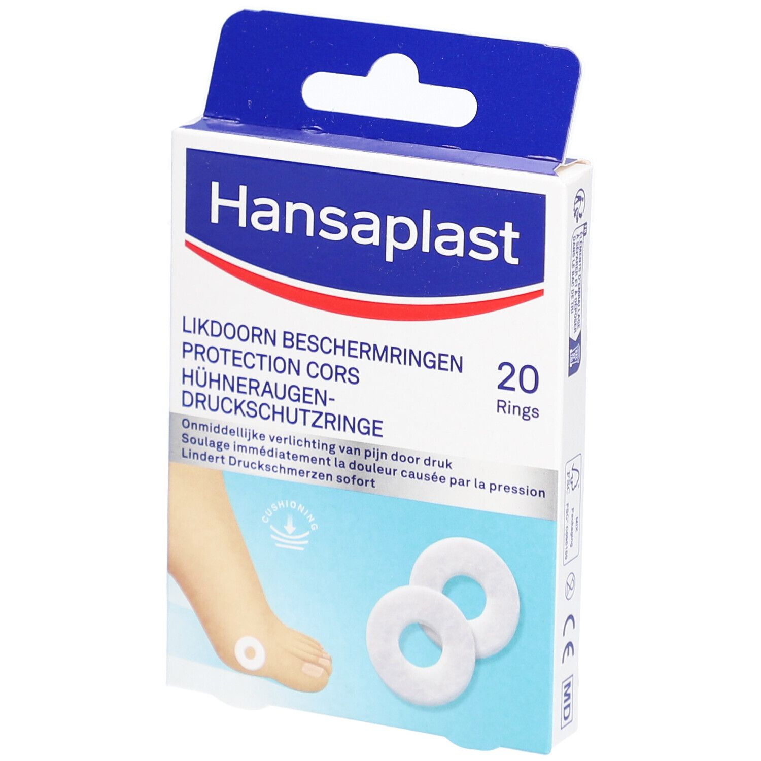 Boîte de Hansaplast pour cors. 20 anneaux. Anneaux blancs, boîte bleue. Illustration d'un pied.