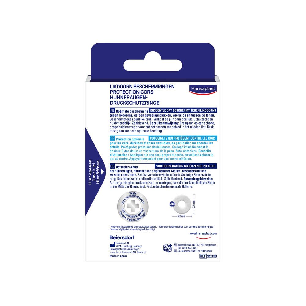 Verpakking Hansaplast eeltbeschermingsringen. 20 ringen. Witte ringen, blauwe doos. Voet afgebeeld.