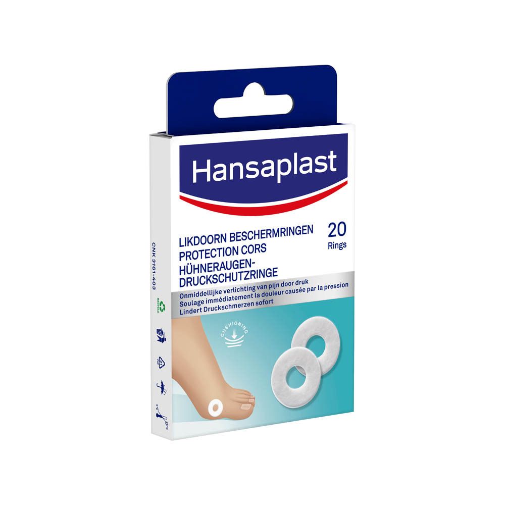 Boîte Hansaplast pour cors. 20 anneaux. Anneaux blancs, boîte bleue. Illustration d'un pied.