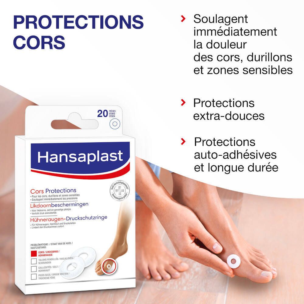 Boîte Hansaplast pour cors. 20 anneaux. Anneaux blancs, boîte bleue. Illustration d'un pied.