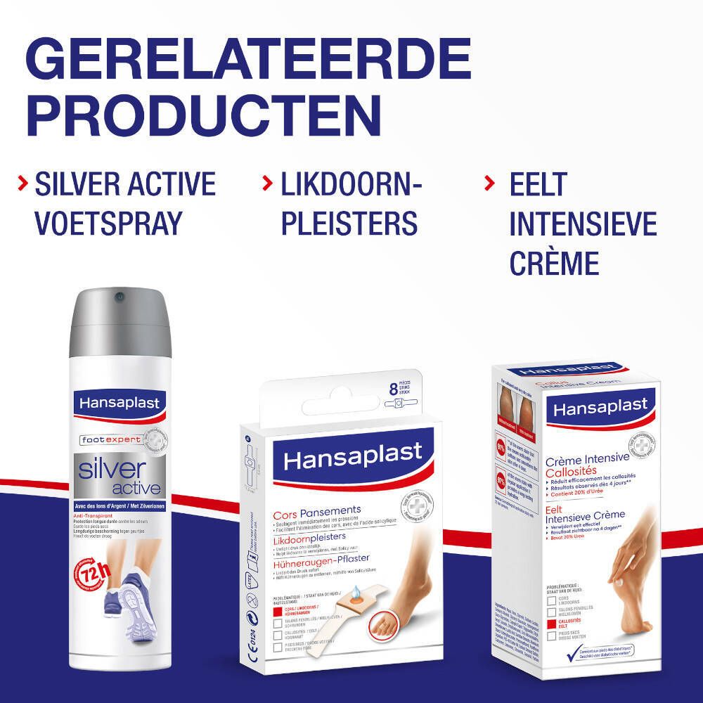 Verpakking Hansaplast eeltbeschermingsringen. 20 ringen. Witte ringen, blauwe doos. Voet afgebeeld.