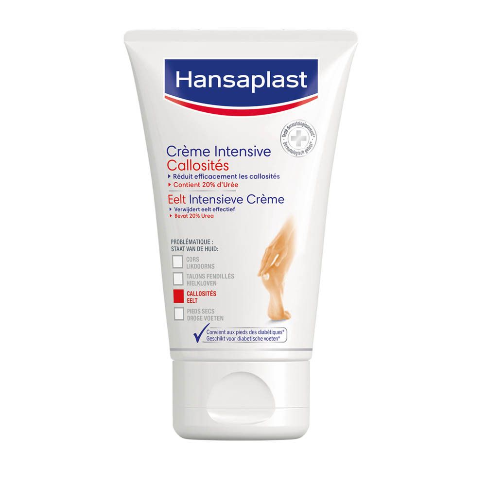 Weiße Tube mit Hansaplast-Logo. Creme für Hornhaut. Fuß mit Hornhaut dargestellt. 20% Urea.