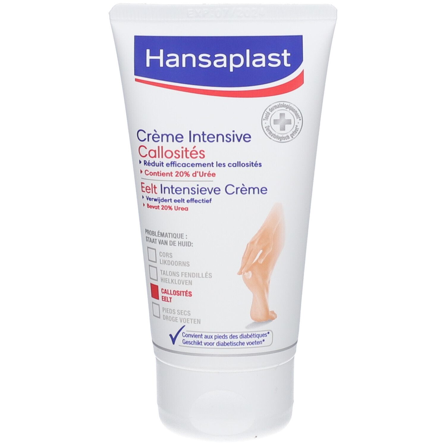 Weiße Tube mit Hansaplast-Logo und Produktbezeichnung. Creme für Hornhaut. Fuß mit Hornhaut dargestellt.