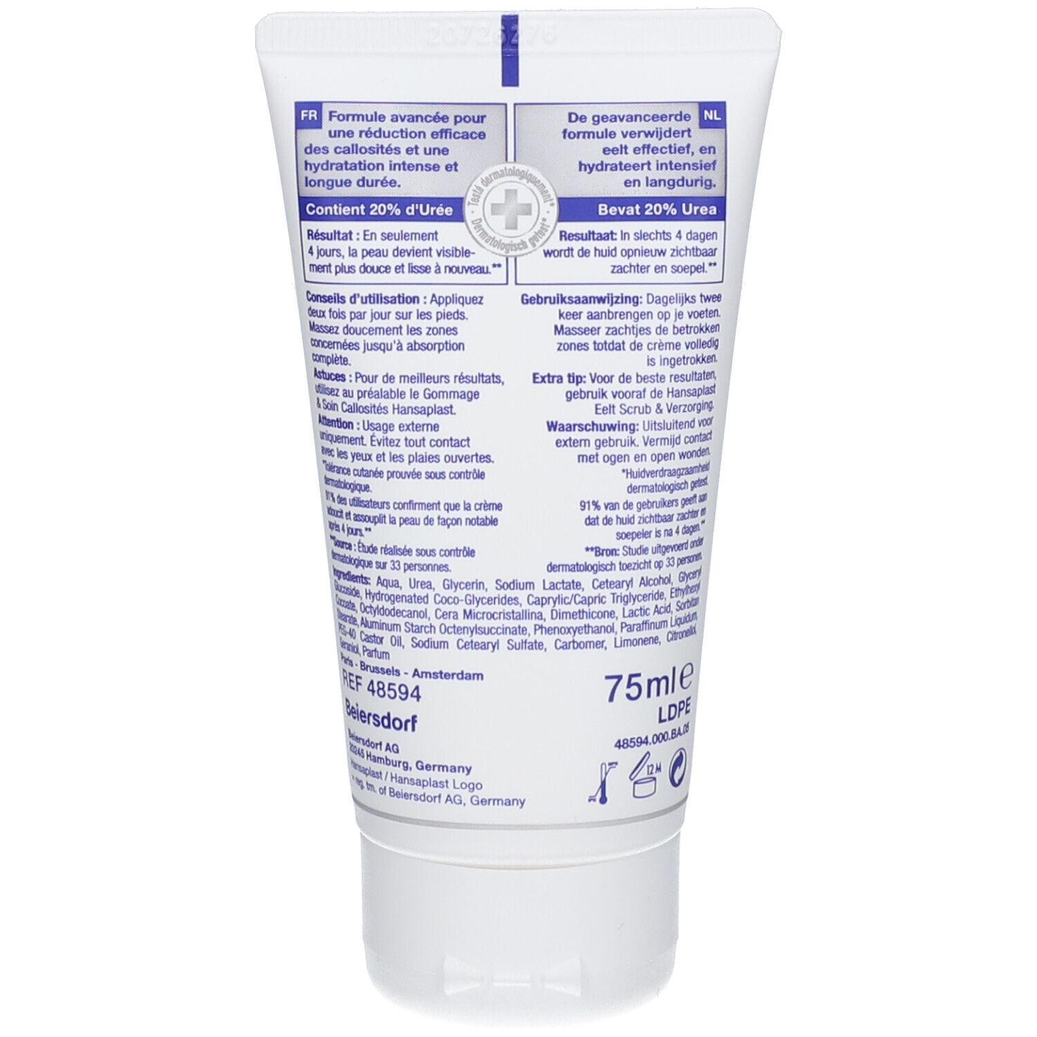 Rückseite der Tube. Text in Deutsch und Niederländisch. Enthält 20% Urea. 75ml. Für diabetische Füße geeignet.