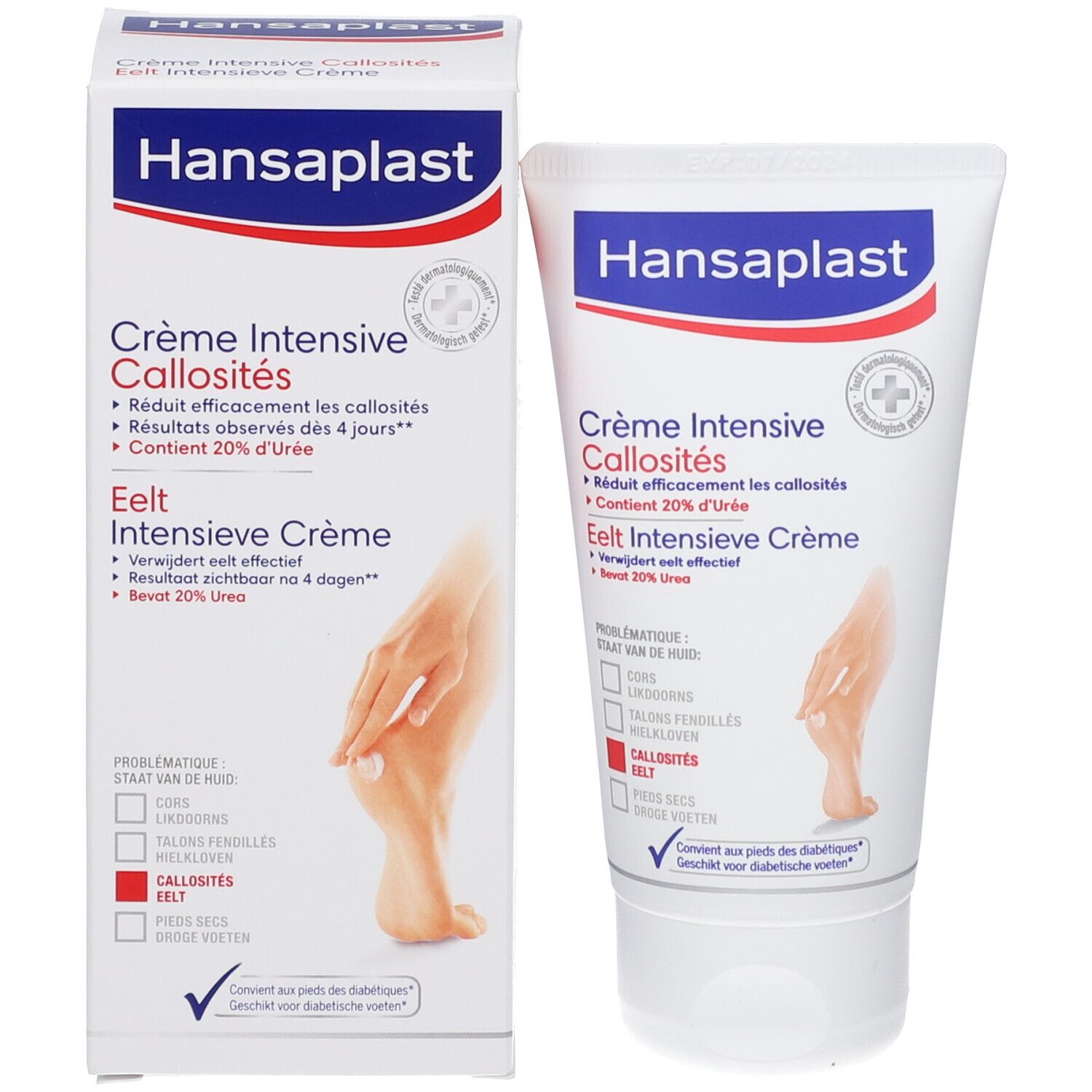 Produktverpackung: Tube und Karton. Hansaplast Creme für Hornhaut. Fuß mit Hornhaut dargestellt. 20% Urea.