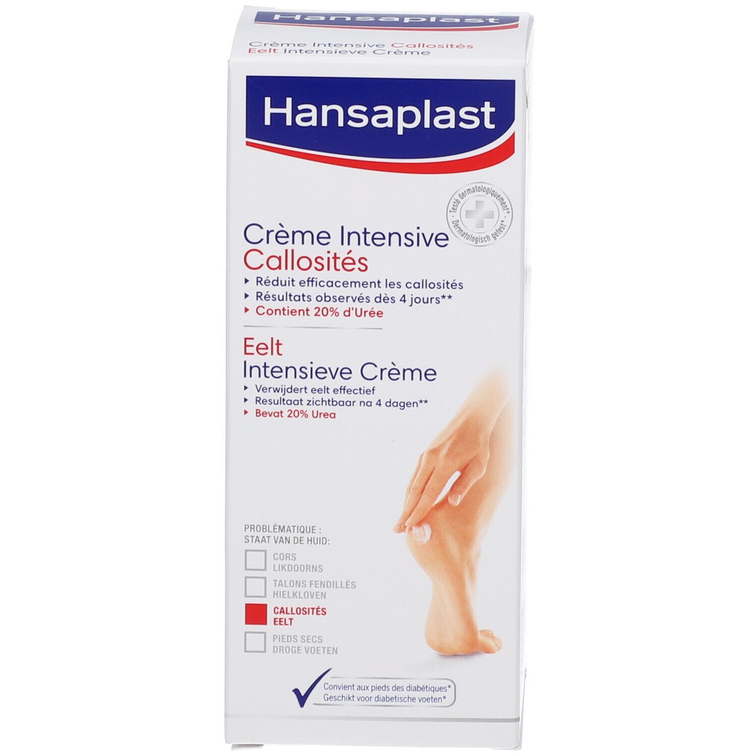 Produktverpackung: Karton. Hansaplast Creme für Hornhaut. Fuß mit Hornhaut dargestellt. 20% Urea.