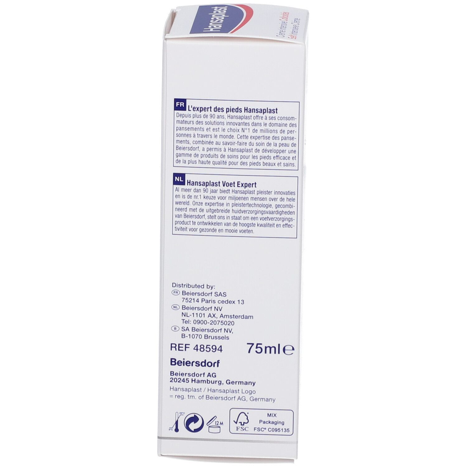 Rückseite der Verpackung. Text in Französisch und Niederländisch. 75ml. Herstellerinformationen.
