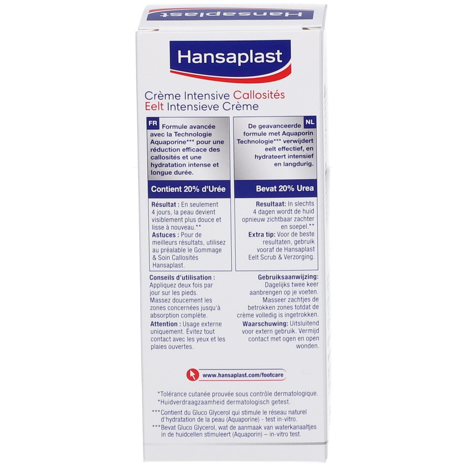 Rückseite der Verpackung. Text in Deutsch und Niederländisch. Enthält 20% Urea. Für diabetische Füße geeignet.