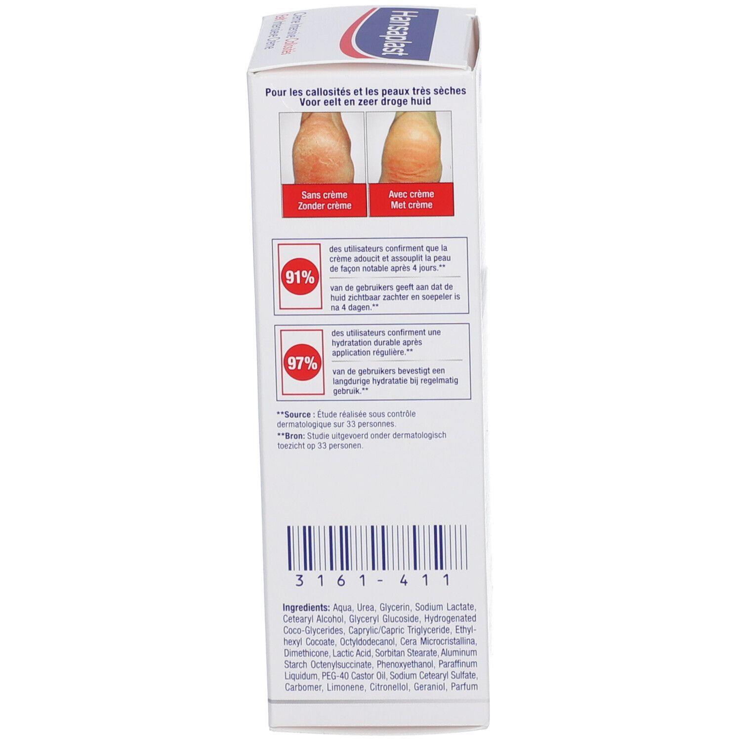 Rückseite der Verpackung. Vergleich: Vorher/Nachher. Inhaltsstoffe. 3161411.