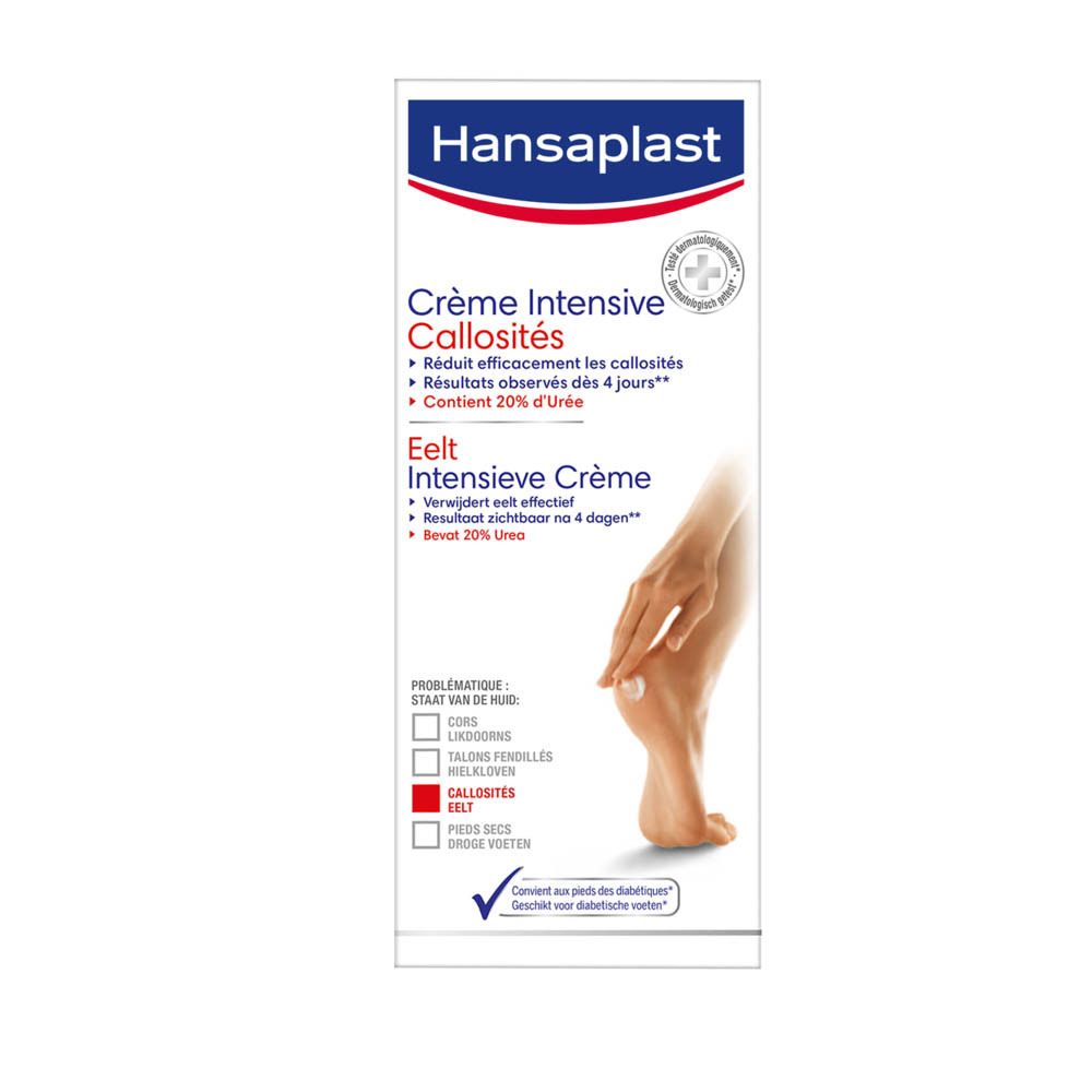 Witte tube Hansaplast. Eelt Crème. Voet met eelt afgebeeld. 20% ureum.