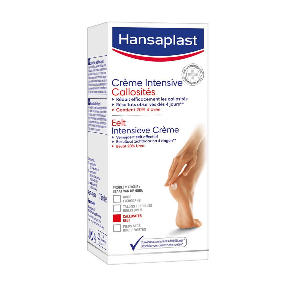 Verpakking: doos. Hansaplast Eelt Crème. Voet met eelt afgebeeld. 20% ureum.