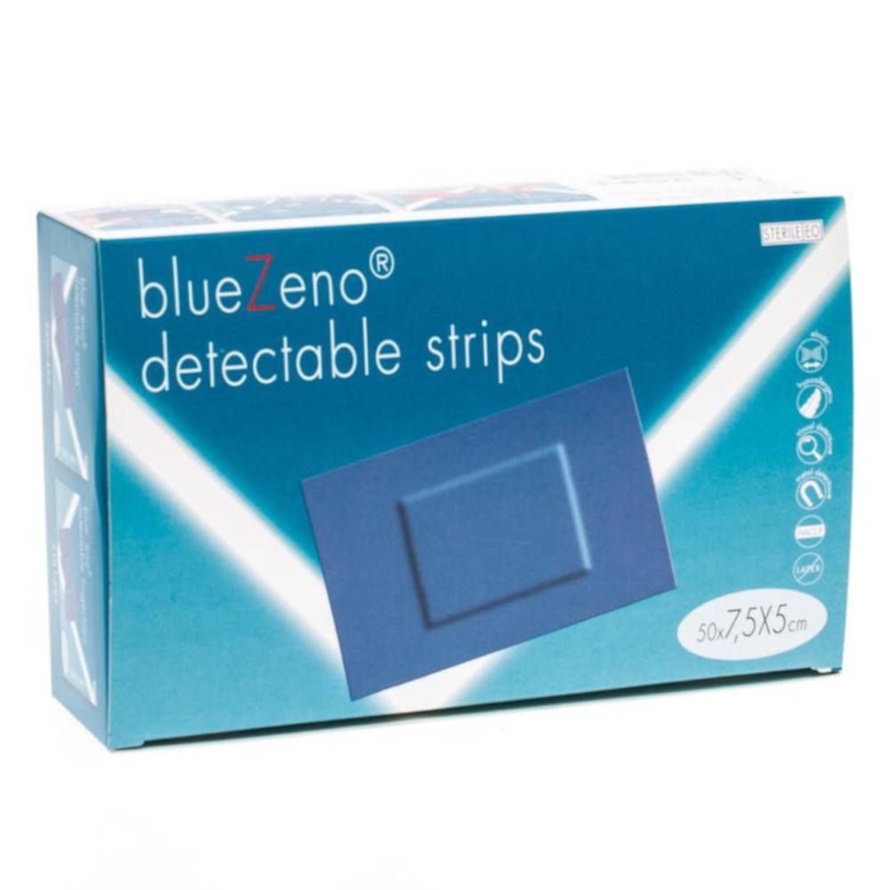 Boîte bleue et blanche avec nom et caractéristiques du produit. Dimensions 7,5x5cm. Zone bleue rectangulaire.