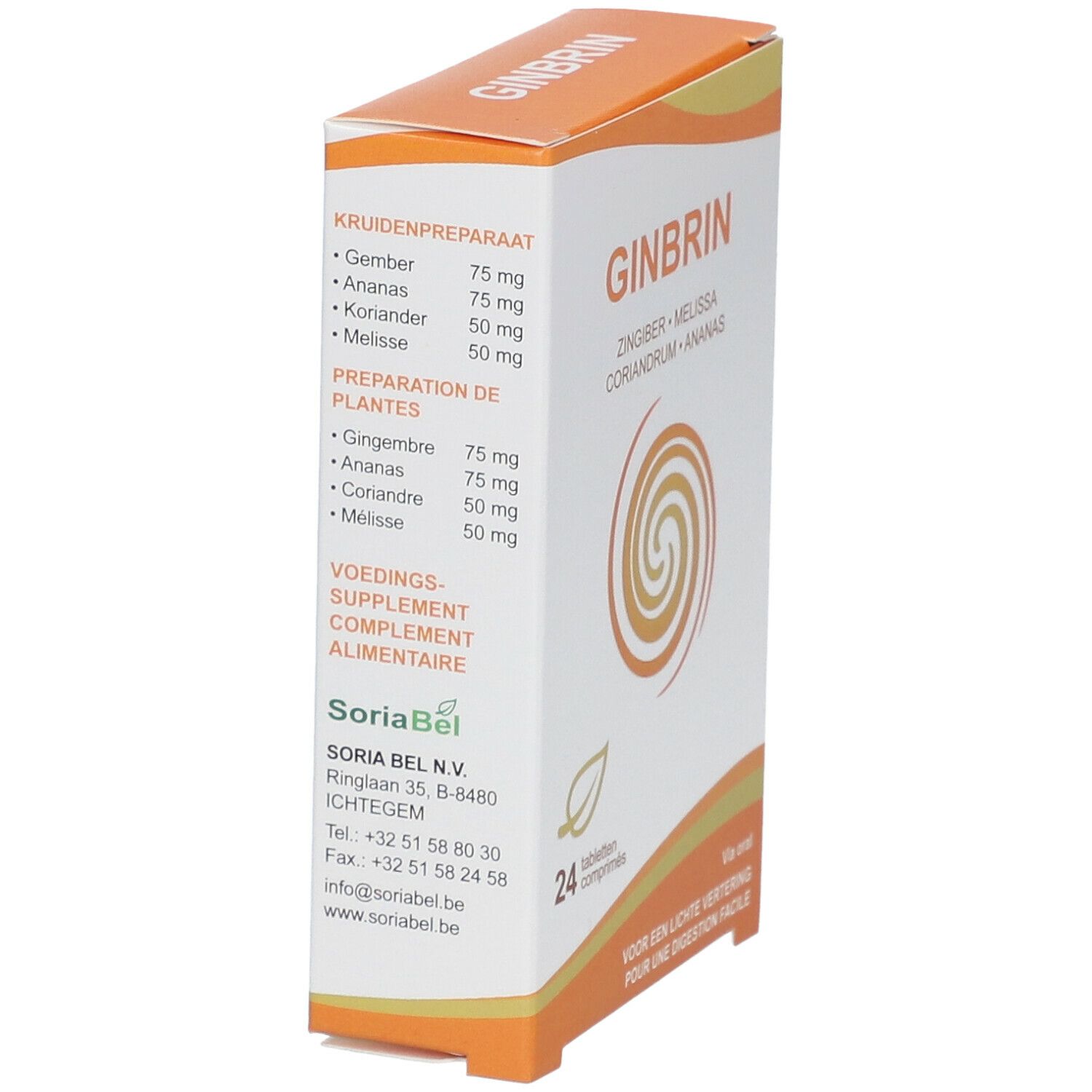 Boîte GINBRIN. Liste des ingrédients et dosage. 24 comprimés. Boîte orange et blanche. Logo SoriaBel.