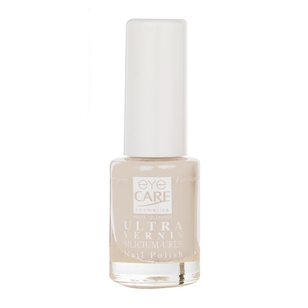 Nagellakfles met beige lak en witte dop. Opschrift: eye care cosmetics, Ultra Vernis, Silicium-Uree, Nail Polish.