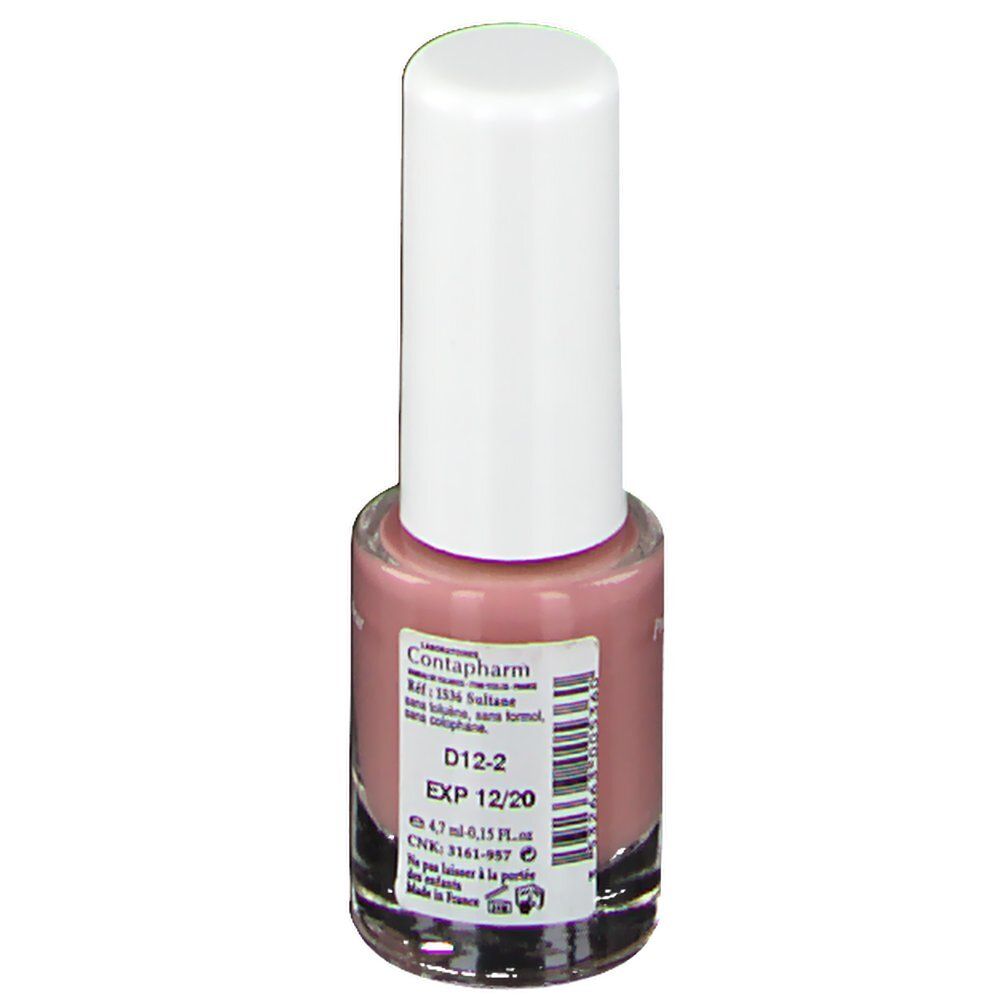 Nagellackflasche mit rosa Inhalt und weißem Deckel. Aufschrift: Contapharm, Ref: 1536 Sultane, D12-2, EXP 12/20.