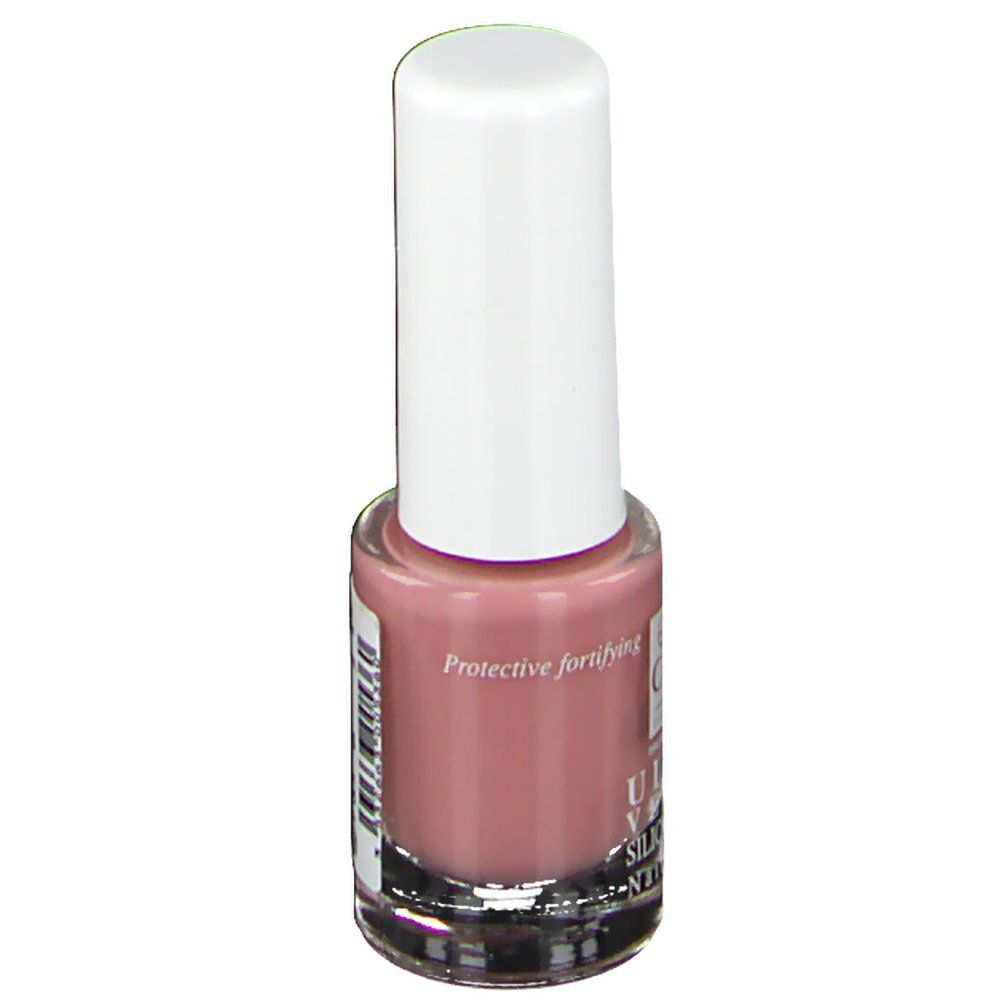Nagellackflasche mit rosa Inhalt und weißem Deckel. Aufschrift: eye care cosmetics, ULTRA VERNIS, SILICIUM-UREE.
