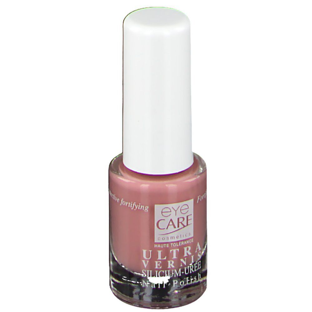 Nagellackflasche mit rosa Inhalt und weißem Deckel. Aufschrift: eye care cosmetics, ULTRA VERNIS, SILICIUM-UREE.