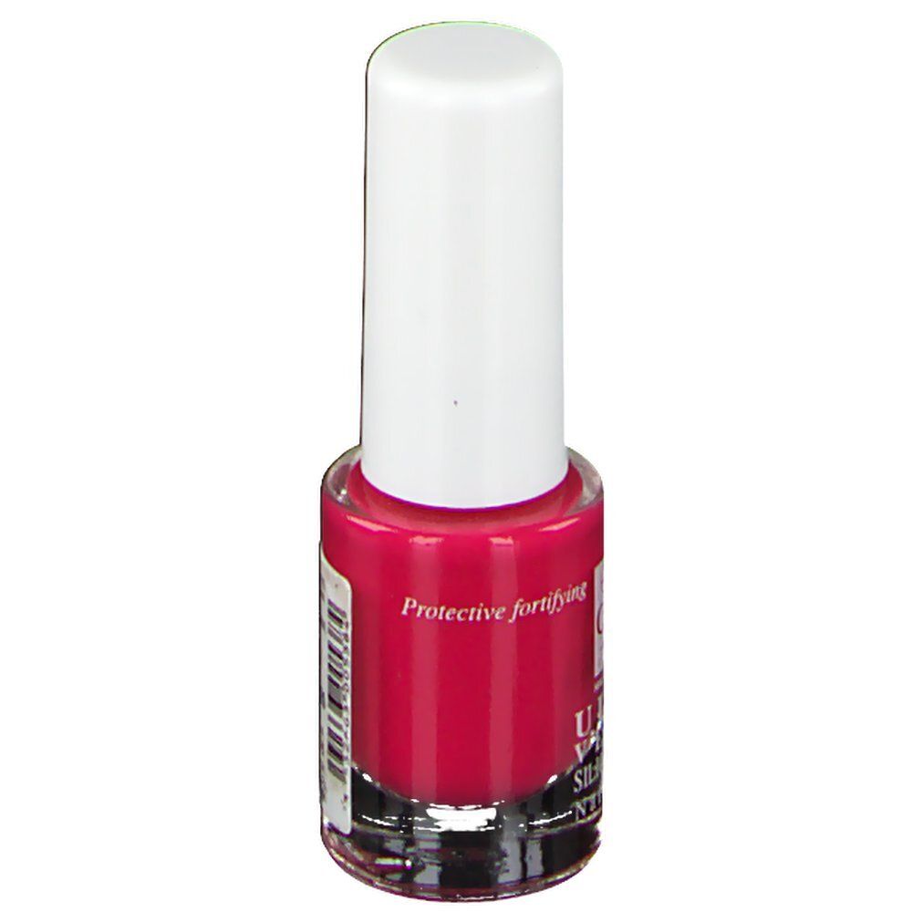 Nagellackflasche mit weißem Deckel. Roter Nagellack. Aufschrift: ULTRA VERNIS, SILICIUM-UREE.
