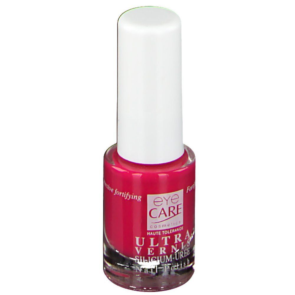 Nagellackflasche mit weißem Deckel. Roter Nagellack. Aufschrift: eye CARE cosmetics, ULTRA VERNIS, SILICIUM-UREE.