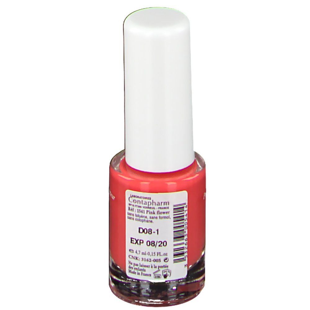 Flacon de vernis à ongles rose avec bouchon blanc. Étiquette avec informations produit, dont '1541 Pink flower' et date d'expiration.