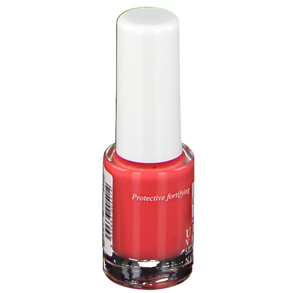 Flacon de vernis à ongles rose avec bouchon blanc. Inscription: ULTRA VERNIS SILICIUM-UREE Nail Polish. Étiquette avec informations produit.