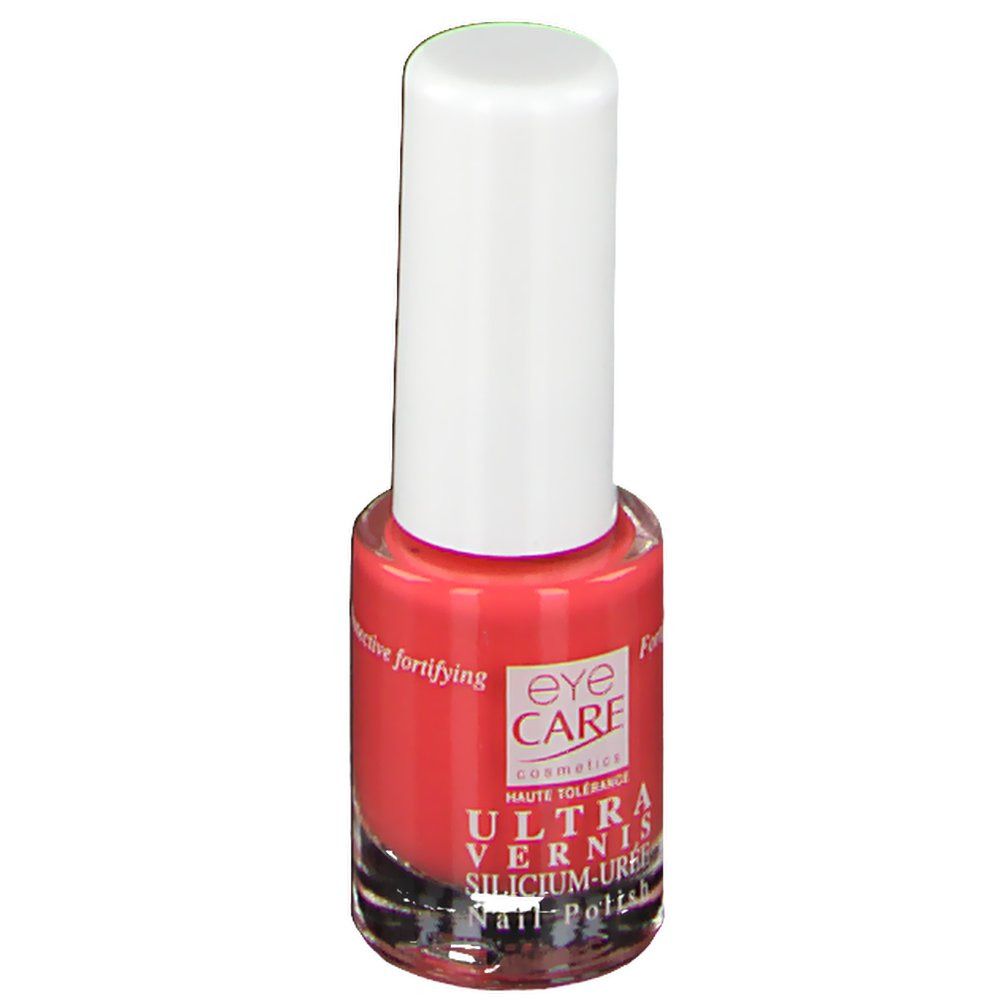 Flacon de vernis à ongles rose avec bouchon blanc. Inscription: eye CARE cosmetics, ULTRA VERNIS SILICIUM-UREE Nail Polish.