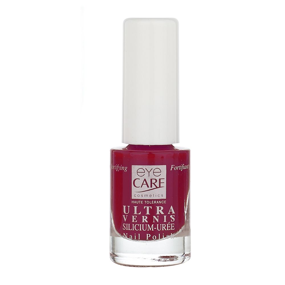 Flacon de vernis à ongles avec bouchon blanc. Inscription: eye care cosmetics, ULTRA VERNIS, SILICIUM-UREE, Nail Polish.